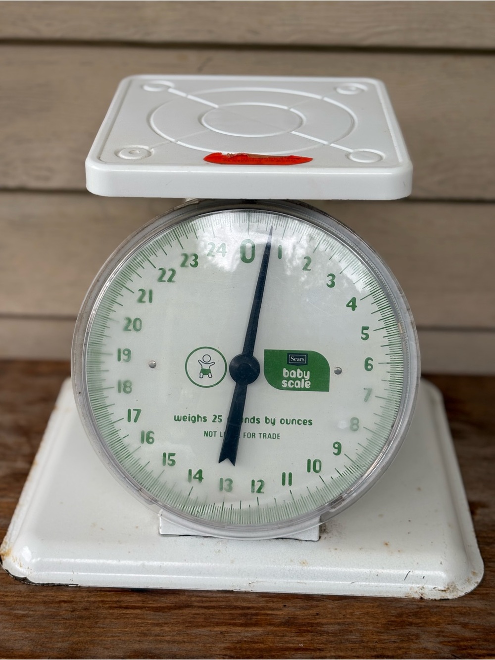 VTG Sears baby scale, typically identified as a 1960s or earlier nursery item.